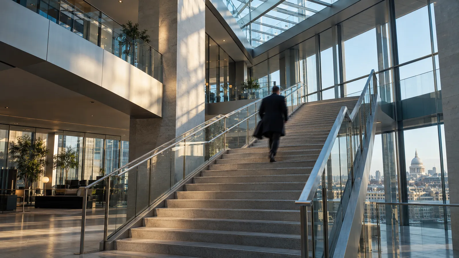 A person ascending a staircase in a sunlit London atrium
